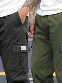 2 件套男士秋季新款休闲工装裤，抽绳腰长裤 - 黑色 - 查看 4