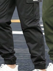 2 件套男士秋季新款休闲工装裤，抽绳腰长裤 - 黑色 - 查看 5