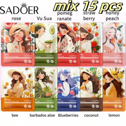 SADOER 1/15/30/50 piezas Mascarilla facial de plantas, frutas y rosas, mascarilla hidratante, aloe vera y rosa que hidrata y ilumina 25g, aplicar después de limpiar para cerrar los poros