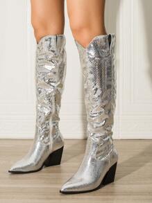 Botas altas de montar con tacón grueso y puntera puntiaguda, con pliegues y brillo, estilo británico, nuevas para otoño/invierno 2025