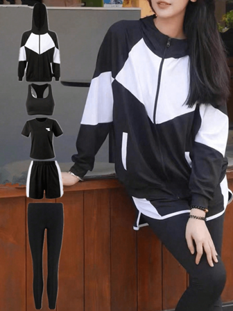 女士 5 件套吸湿排汗运动套装：瑜伽文胸、带口袋的拉链宽松连帽衫、透气短袖 T 恤、修身跑步紧身裤、带口袋的短裤 - 简约设计