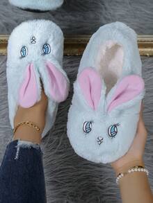 Women's Cozy, Breathable And Warm Indoor Slippers With Soft Thick And Embroidered Rabbit Head On Anti-slip Sole - White - View 2