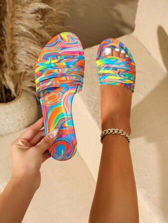 Women Rainbow Color Flat Sandals, Summer Beach Shoes, Woven Strap Sandals, Strap Slides