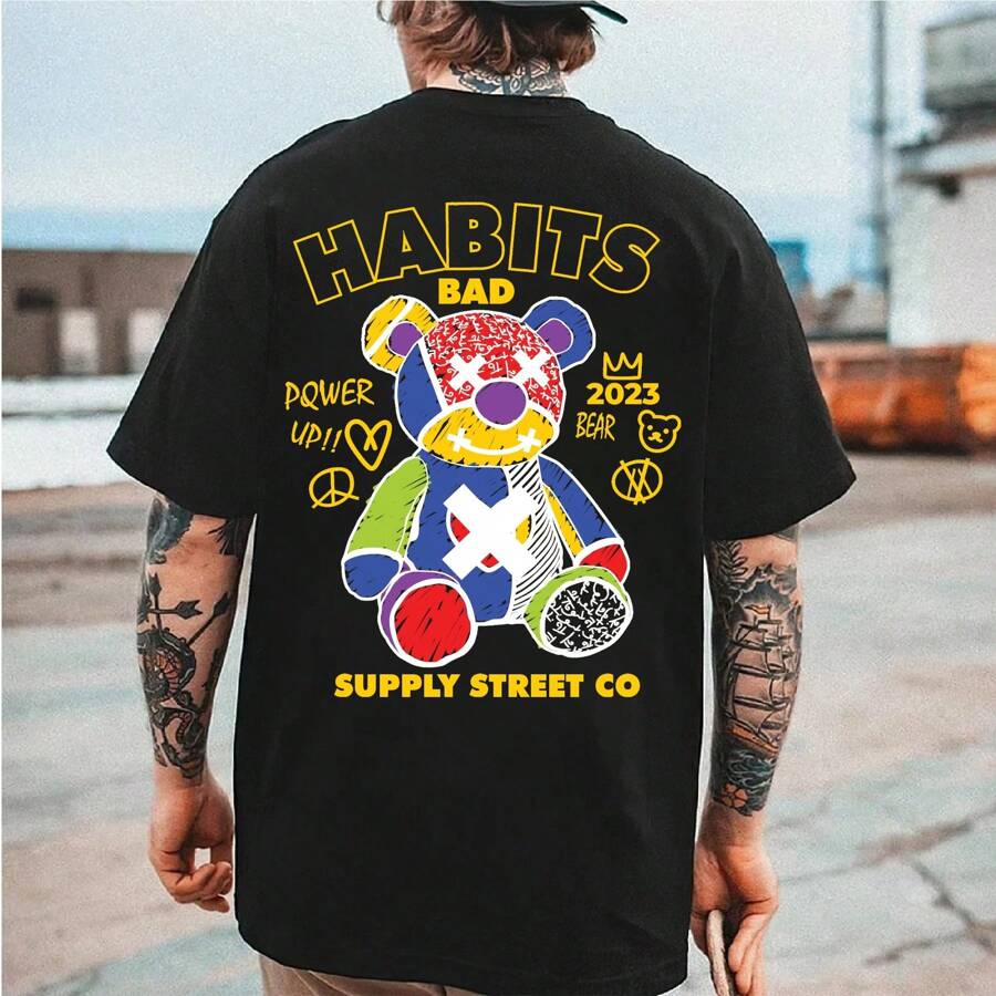 Men's Cotton T-Shirt Adult Plus Size Kids Habits Bad Bear Streetwear Fashion - màu đen - Xem 1