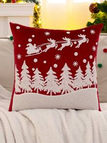 Miater 1pc Velvet Embroidered Christmas Throw Pillow Cover For Outdoor Christmas Tree Forest And Sleigh Decor In Living Room Or Bedroom - Red - View 7