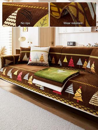 1 件圣诞树图案雪尼尔沙发套，防滑沙发垫，适合办公室、卧室、客厅家居装饰，四季皆宜