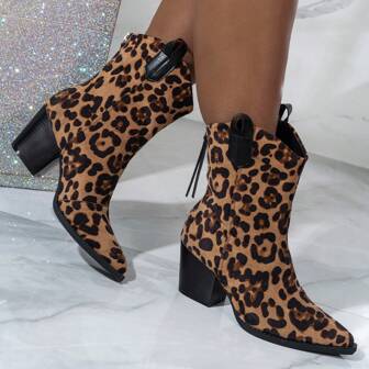 秋冬女士时尚粗高跟尖头仿麂皮豹纹复古西部靴