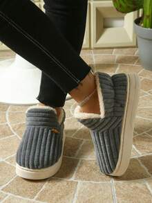 Dép nam đế kín sọc dày giữ ấm, dép đi trong nhà, dép đi trong nhà, dép chống trượt, dép lông, dép đế cao kiểu mới cho mùa thu đông - Xám - Xem 3