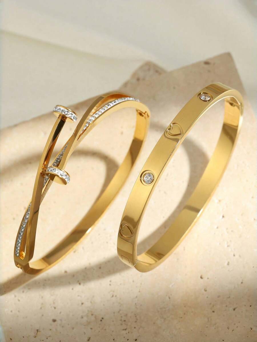 2 piezas Elegantes brazaletes de acero inoxidable con baño de oro con forma de corazón, a prueba de agua y antifading, joyería para mujer, regalo para el Día de San Valentín, mamá, madre, Día de la Madre