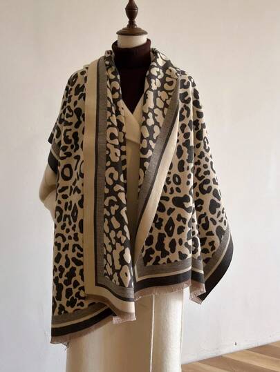 1件装女士双面豹纹提花仿羊绒围巾/披肩，秋冬季日常保暖
