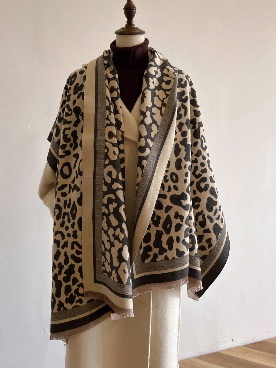 1件装女士双面豹纹提花仿羊绒围巾/披肩，秋冬季日常保暖 - 灰米色 - 查看 1