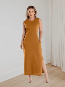 Basic Cotton Midi Dress - Camel - View 1