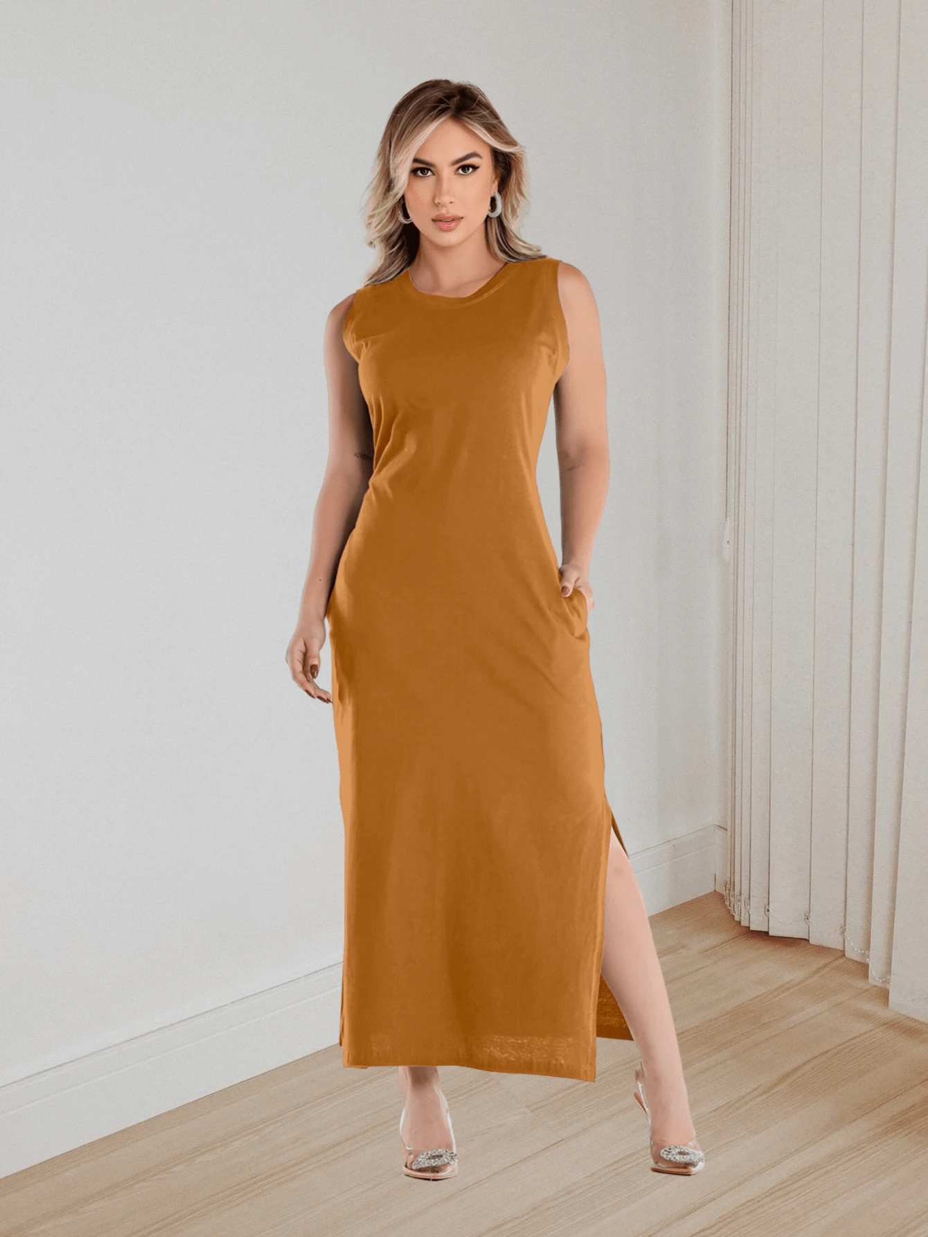 Basic Cotton Midi Dress - Camel - View 1