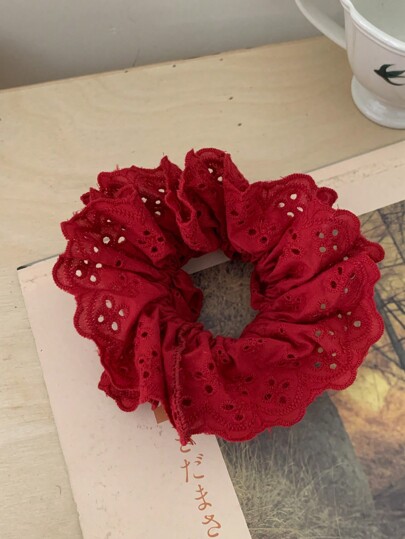 1 Pc Women's Elegant Unique Red Lace Hollow Scrunchie, French Design Hair Accessory, Versatile For Everyday Use Scrunchies Hair Ties Scrunchy Hair Ties