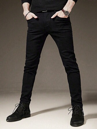 Stretch Denim Jeans For Men, Skinny Fit Business Casual Pants, Slim Fit Denim Trousers, Washed Elastic Versatile Daily Wear Fashion Jeans