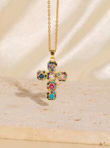 1pc Colar de cruz elegante e versátil, fé religiosa, zircônia cúbica, banhado a ouro, presente de aniversário para amigos