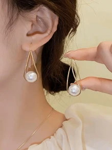 1pair Elegant Teardrop Faux Pearl Drop Earrings, Oversized Exaggerate Design Earrings For Women Daily Wear - Gold - View 2