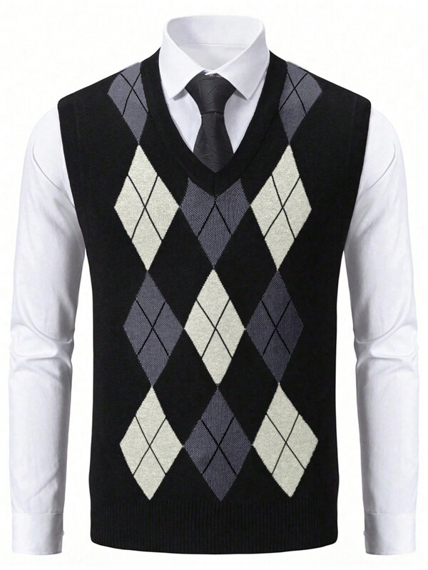 Men's Diamond Pattern Color Blocking Sleeveless Knit Sweater, Casual V-Neck Vest For Daily Wear, Outdoor Activities And Holiday, Suitable As Layering