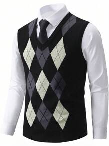 Men's Diamond Pattern Color Blocking Sleeveless Knit Sweater, Casual V-Neck Vest For Daily Wear, Outdoor Activities And Holiday, Suitable As Layering, For Fall - Black - View 2