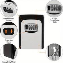 Wall Mounted Key Combination Key Lock Box Outdoor Secure Key Box Waterproof Resettable Code For House Spare Keys Business Garage Push Button Lock Box With 4-Digit Code (Grey) - 灰色和黑色 - 查看 4