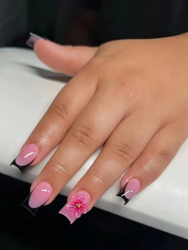 24Pcs European Style 3D Floral Black Nail Stickers For Women And Girls, Includes Double-Sided Nail File Press On Nails Nail Supplies Nails