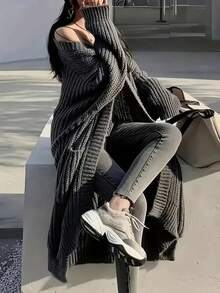 Plus Size Women's Long Sleeve V-Neck Pockets Ribbed Knit Cardigan Sweater - Grey - View 4