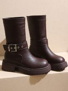 Giày bốt cao bồi miền Tây cổ điển mới thu đông 2024, giày bốt cao đến giữa bắp chân có dây khóa cho nữ, giày bốt da - màu nâu - Xem 2