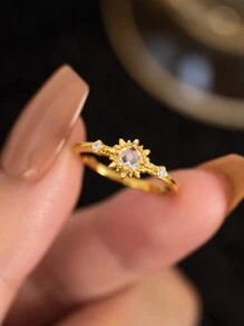 Flyleaf 1 Piece Light Luxury S925 Sterling Silver 18k Gold Color Artificial Zirconia Sun Open Ring For Women Daily Wear Fine Jewelry