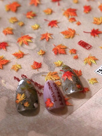 55 件/张 3D 浮雕秋叶印花指甲贴纸，DIY 美甲贴花，日常必备，深受女性和女孩的喜爱