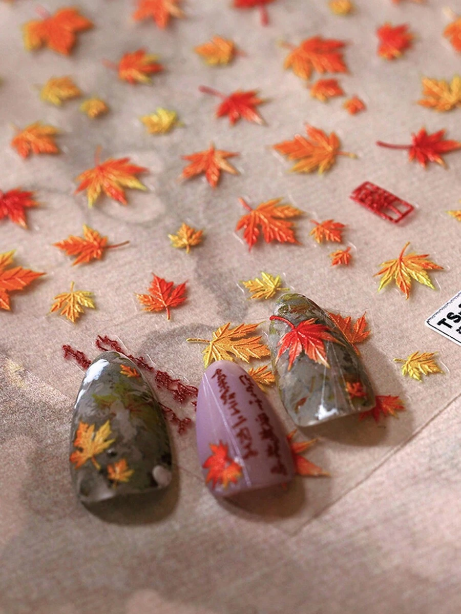55 piezas/hoja Calcomanías para uñas con estampado de hojas de otoño en relieve 3D, Adhesivos de arte para uñas DIY, Esenciales de uso diario, Amados por mujeres y niñas
