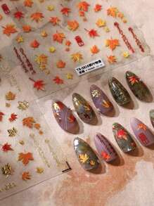 55 piezas/hoja Calcomanías para uñas con estampado de hojas de otoño en relieve 3D, Adhesivos de arte para uñas DIY, Esenciales de uso diario, Amados por mujeres y niñas
