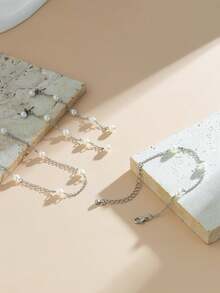 1pc Necklace, 1pair Earrings, 1pc Bracelet - 3pcs/Set Pearl Jewelry Set, Boho Style, Simple & Elegant Design, Suitable For Mother's Day, Daily Wear, Banquet And Party - Antique Silver - View 8