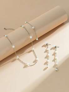 1pc Necklace, 1pair Earrings, 1pc Bracelet - 3pcs/Set Pearl Jewelry Set, Boho Style, Simple & Elegant Design, Suitable For Mother's Day, Daily Wear, Banquet And Party - Antique Silver - View 9