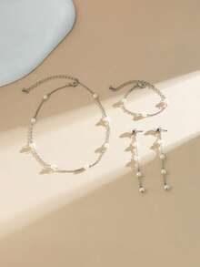 1pc Necklace, 1pair Earrings, 1pc Bracelet - 3pcs/Set Pearl Jewelry Set, Boho Style, Simple & Elegant Design, Suitable For Mother's Day, Daily Wear, Banquet And Party - Antique Silver - View 7