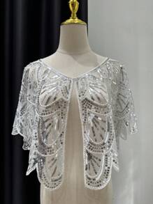 1920s Vintage Paillettes ricamate Scialle flapper sottile e traspirante, inelastico, pullover elegante, abito corrispondente corto scialle per donne feste - bianco argento - Visualizzare 13