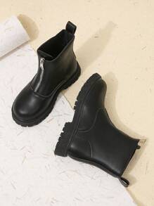 1 Pair Girls Mid-Calf Boots PU Leather Fashion Front Zipper Boots Spring Autumn Back To School Season Boots Thermal Lined Thickened Warm Suitable For Winter Boots 2-In-1 - Black - View 4
