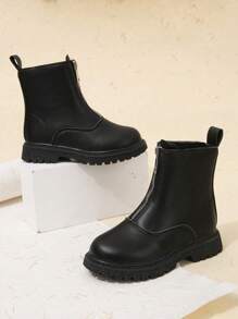 1 Pair Girls Mid-Calf Boots PU Leather Fashion Front Zipper Boots Spring Autumn Back To School Season Boots Thermal Lined Thickened Warm Suitable For Winter Boots 2-In-1 - Black - View 3