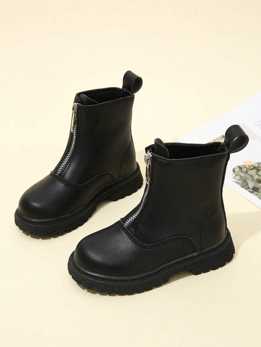 1 Pair Girls Mid-Calf Boots PU Leather Fashion Front Zipper Boots Spring Autumn Back To School Season Boots Thermal Lined Thickened Warm Suitable For Winter Boots 2-In-1 - Black - View 1