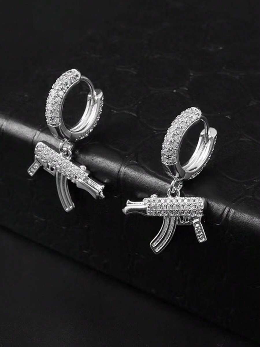 Ice Studded Gun Model Hoop Earring Hip Hop Premium A+++ - Bạc - Xem 1
