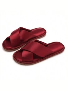 Women Elegant Satin Crossed Comfortable & Non-Slip Indoor House Slippers - Burgundy - View 1