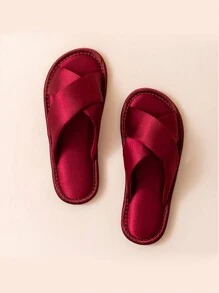 Women Elegant Satin Crossed Comfortable & Non-Slip Indoor House Slippers - Burgundy - View 2