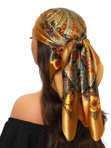 1pc 90*90cm Sun Protection Headscarf, Outdoor Classic Windproof Scarf Shawl, Unisex Versatile Air-Conditioned Room Neckerchief, Thin Seasonal Cashew Printed Silk Scarf, Colorful Blue Green Square Bandanna - A - View 9