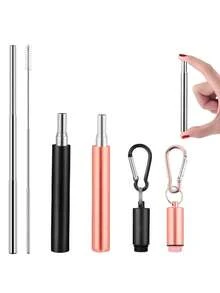 1pc Portable Collapsible Straw Set, Includes 304 Stainless Steel Reusable Straws, Storage Case, Cleaning Brush And Keychain - Multicolor - View 1