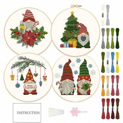 4pcs/Set Christmas Themed Embroidery Kit, Includes 4 Pieces Printed Embroidery Fabric With Santa Dwarf Pattern, 1 Embroidery Hoop, Embroidery Floss, English Instructions And Embroidery Tools (Color Random), For Christmas Decoration, Gifts, Sewing And Handicraft Enthusiasts