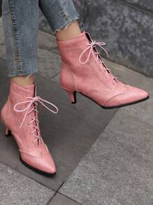 秋冬粉色小猫跟尖头系带女式PU皮革短靴 - 粉色 - 查看 2