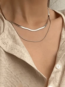 1 Bộ vòng cổ choker dạng xích rắn dẹt ngắn thanh lịch, tối giản, hợp thời trang, có tác dụng kéo dài xương đòn, bền và không gây dị ứng, hoàn hảo để đeo hàng ngày - chuỗi đôi - Xem 4