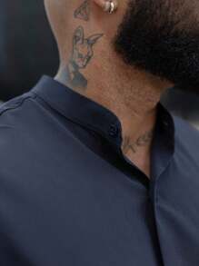 Men's Shirt With Priest Collar - 藏蓝色 - 查看 4