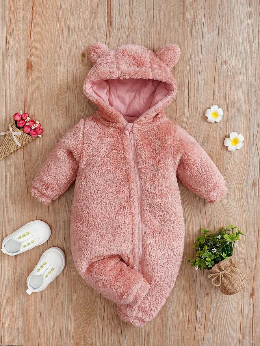 H HIBOBI 男婴冬季长袖可爱3D熊耳连帽抓绒连体衣(可拆卸帽子内衬) - 粉色 - 查看 1