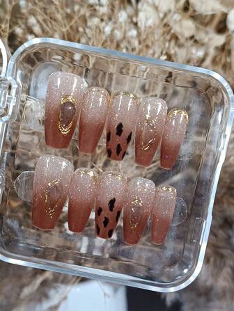 10 Stück handgemachte Leoparden-Muster Bernstein & Strass Farbverlauf Nail Art Patches, Herbst-Winter, Party Stil (beinhaltet 1 Stück Gelee Gel und 1 Stück Nagelfeile, ohne Kleber) Aufklebe-Nägel Nagelbedarf Nägel