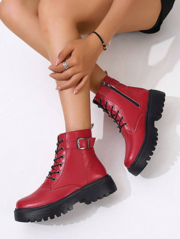 Bottes à semelle épaisse avec laçage à la mode pour femmes, bottes classiques avec fermeture éclair latérale à tige courte, bottes de moto avec boucle à sangle, bottes d'hiver grande taille